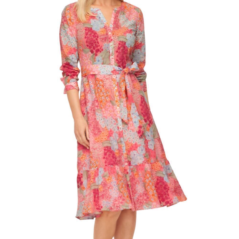 Talbots Shirt Dress Women's 18 Pink Retro Floral Belted Ruffle Cotton